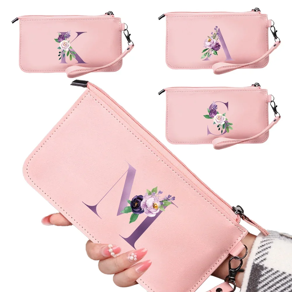 Fashion Zipper Wallets Womens Purses Handbags Leather Billfold Wallet Anti Thief Rfid Minimalist Wallet Purple Letter Pattern