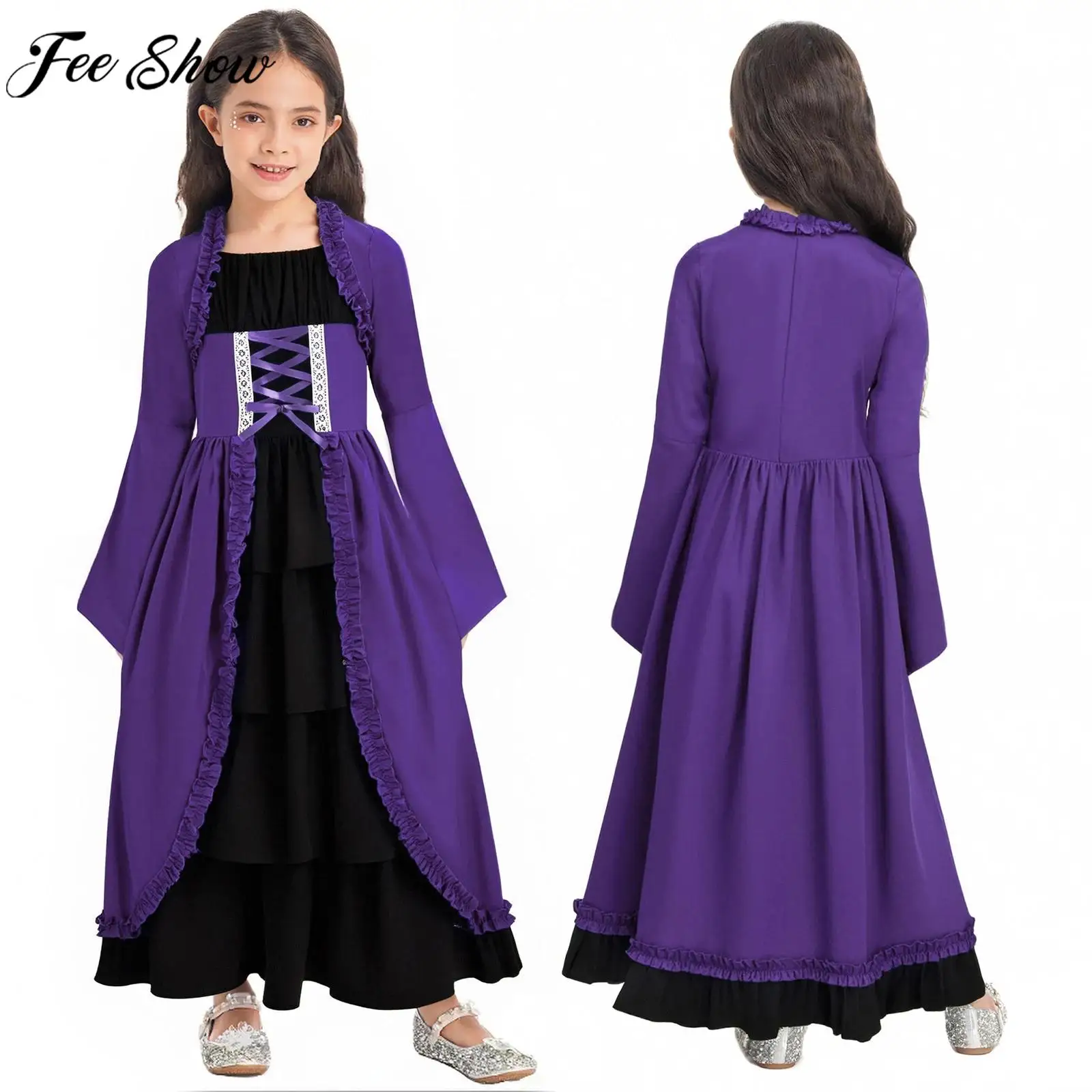 

Kids Girls Medieval Renaissance Peasant Cosplay Costume Long Sleeve Layered Ruffle Vintage maxi Dress for Halloween Theme Party