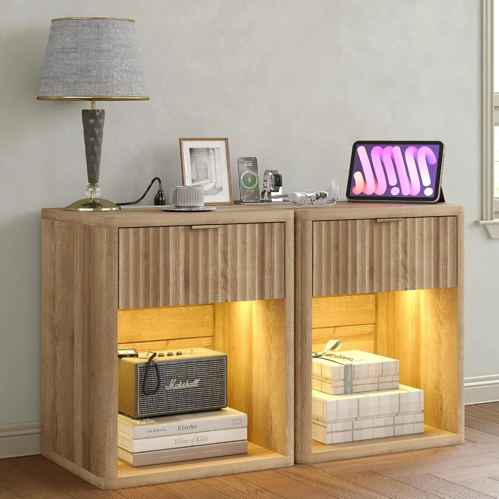 Modern Fluted Wood Nightstands with Charging Station and LED Light, Drawer Storage Bedside Tables