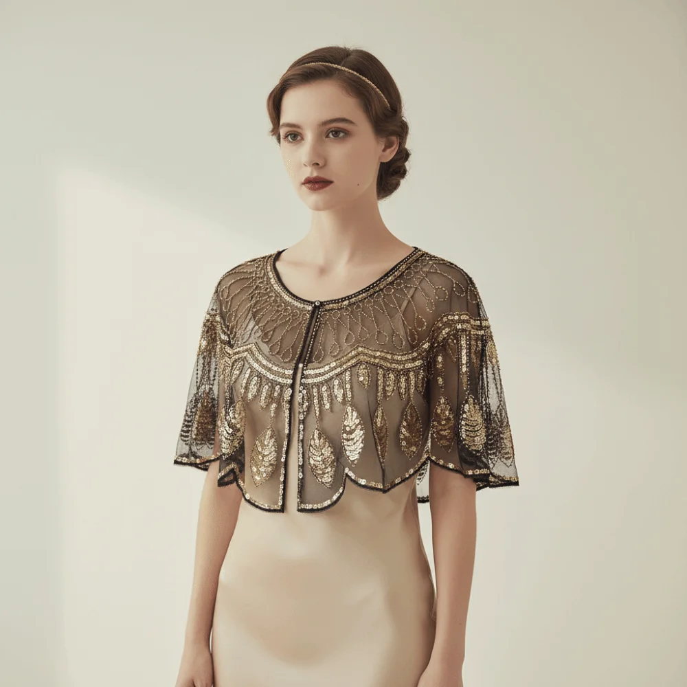 

Retro Sequins Poncho Coat Bling Bling Embroidery Sequin Beaded Short Cape 1920s Theme Blingbling Sequins Flapper Shawl