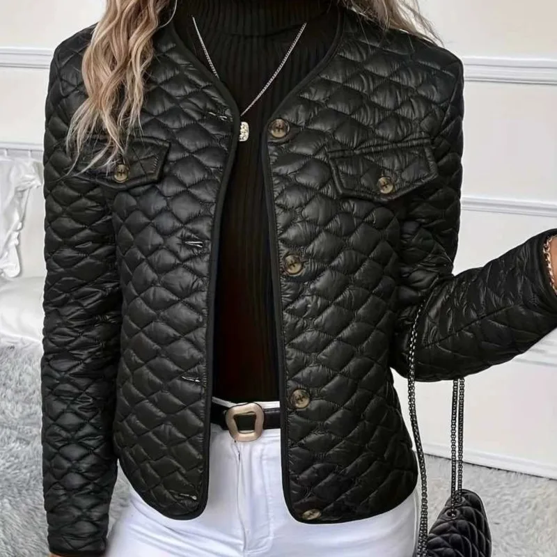 2026 New Women's Autumn And Winter Cotton Clothing Diamond Grid Solid Color Fashionable Vintage Style Niche Warm Cotton Clothing
