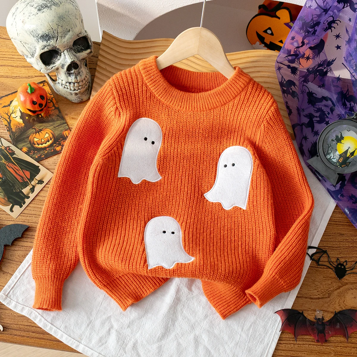 Boys, Girls, and Children Halloween Ghost stickers, Round Neck Long Sleeved Knitwear, Holiday Casual Pullover Sweater