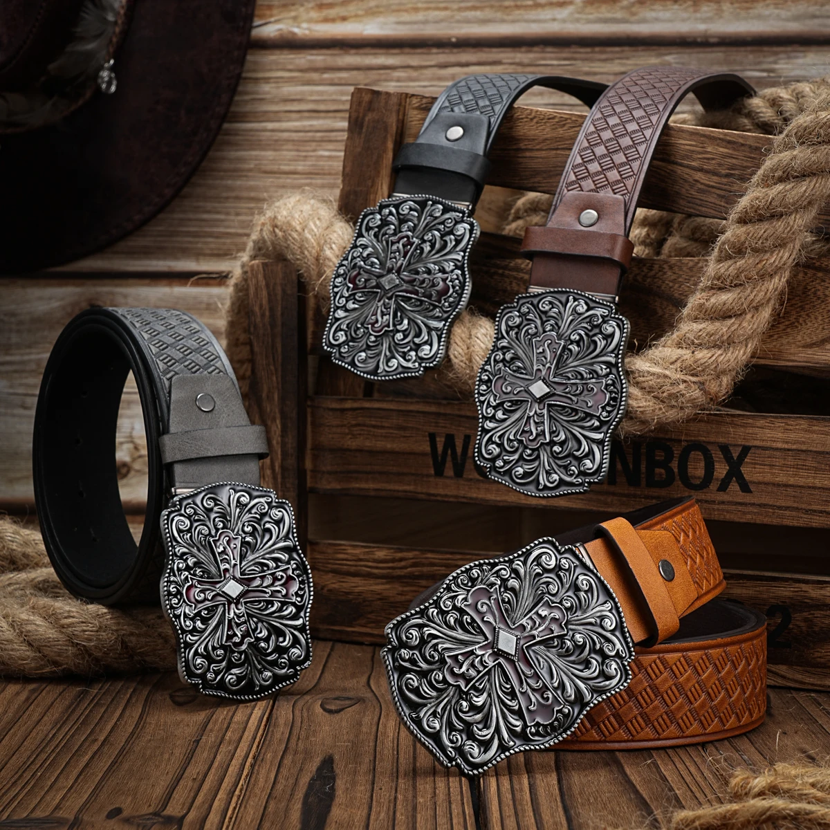 Western Cowboy PU Leather Belt - Men Waist Strap Bull Decoration Floral Engraved for Jeans