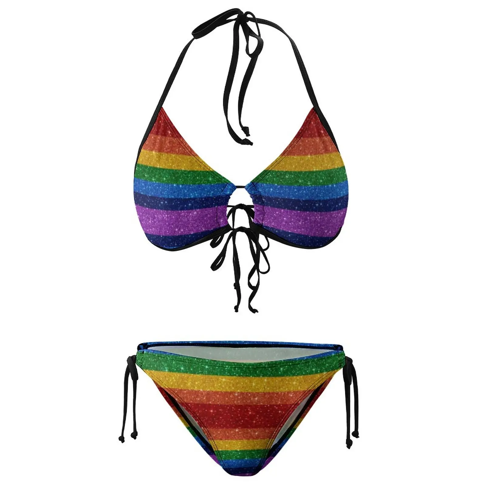 Sexy Bling Me Up Regenbogen-Bikini-Set, gestreift, Pop-Art, Glitzer-Bikini, Badeanzug, Push-Up-Bademode, süßer Stranddruck, feminine Bikinis