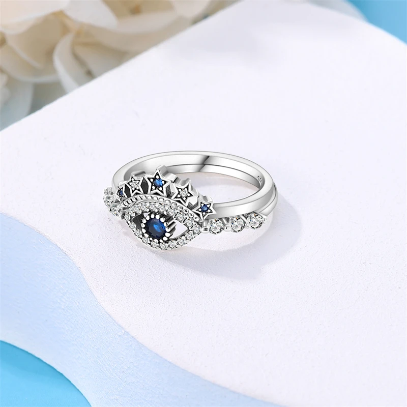 Women's Ring 925 Silver Blue Zircon Star Moon Engagement Wedding Romantic Valentine's Day Exquisite Jewelry Gift