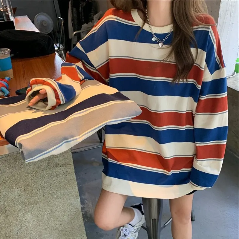 Women\'s Casual Long Sleeve T-shirt Fashion Stripe Printing Round Neck Loose Pullover Tops