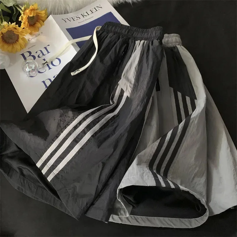 Striped Shorts Women Summer Streetwear Thin Loose Wide Leg Shorts Bf Korean High Waist Couple Oversized Sports Shorts New