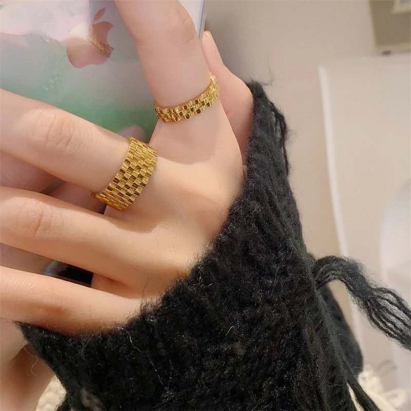 High End PVD Gold Plated No Fade Permanent Exaggerated Vintage Dainty Gear Stainless Steel Ring For Women Chunky Watchband Rings