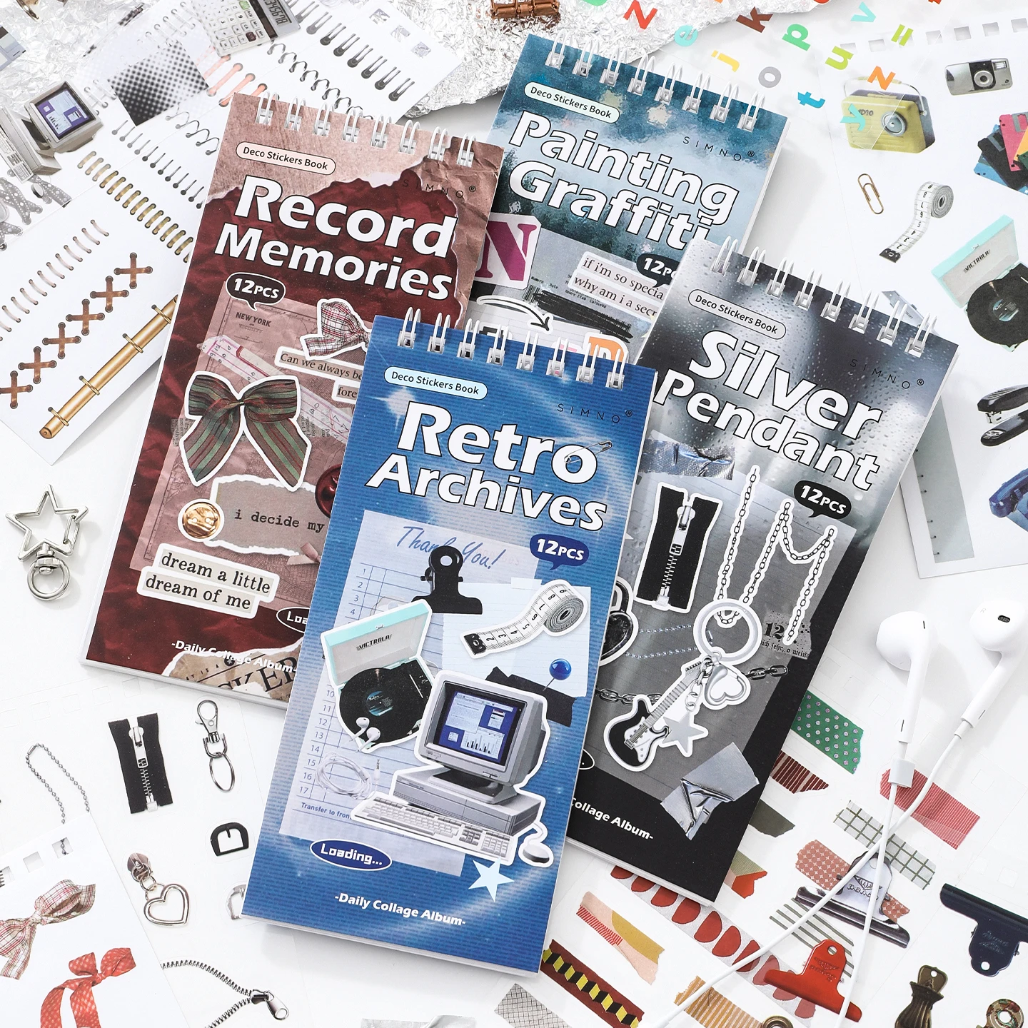 12Pcs Office Supplies PET Stickers, Retro Clip & Camera Scrapbooking Decals