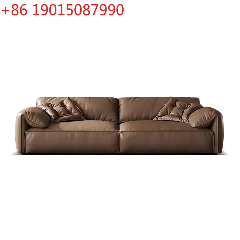 

Elephant ear sand + leather sofa brown retro minimalist three-seat straight row down top layer cowhide sofa elephant