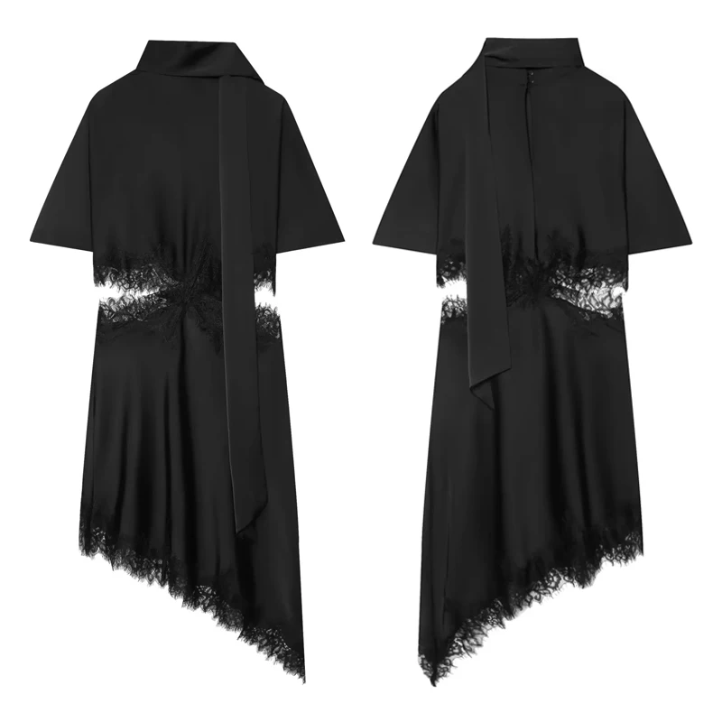 HXAO Spitzenkleider für Damen, Sommer, schwarzes Midi-Satin-Kleid, asymmetrisches, kurzärmeliges Kleid, elegantes, kokettes Partykleid – Detail 2