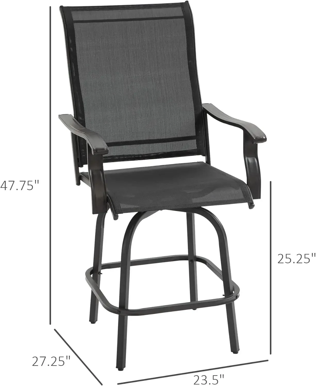 Set of 2 Outdoor Swivel Bar Stools with Armrests, Bar Height Patio Chairs with Steel Frame for Balcony, Poolside, Backyard