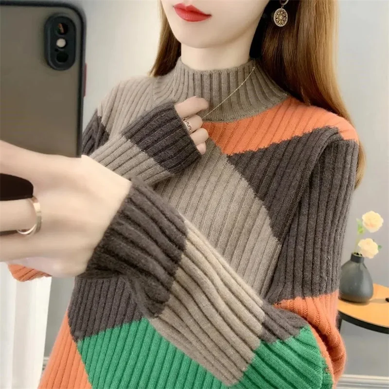 

2022 Autumn Winter Sweater Women Knitted Color Block Pullover Sweater Long Sleeve Half Turtleneck Jumper Soft Warm Pull Femme