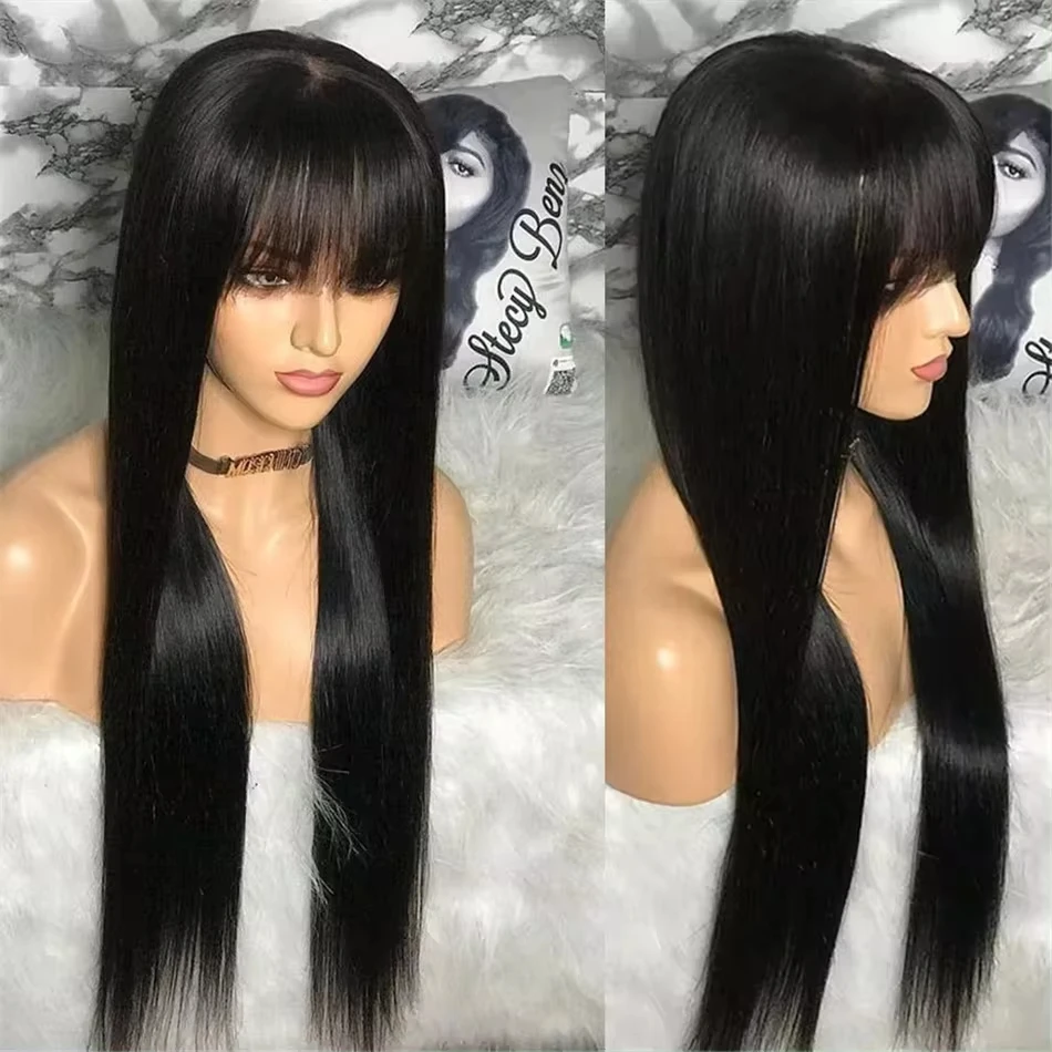 34 Inch Bone Straight Human Hair Wig 3x1 Middle Part Lace With Bangs Fringe Wig Human Hair  Wigs For Black Women Remy Hair Wigs