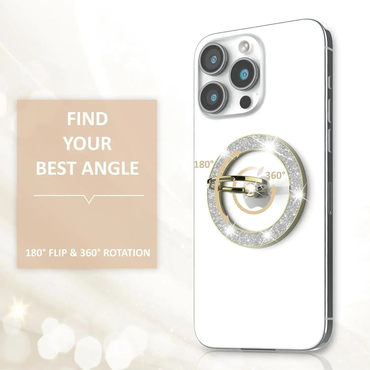 MagSafe 強力磁気メタル 360 °   回転式グリッターダイヤモンドフォンフィンガーリングホルダー スタンド iPhone 14/15 Samsung汎用