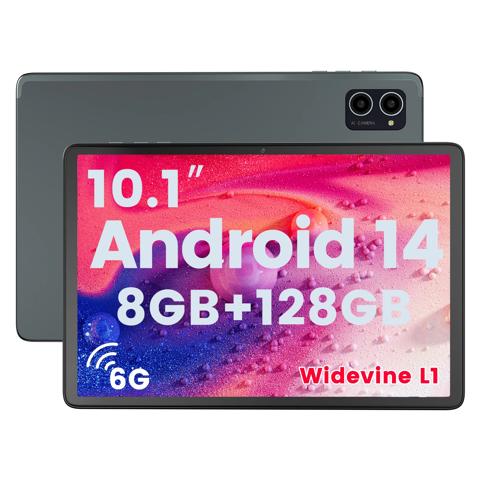 شاشة 10.1 بوصة Android 14 للكمبيوتر اللوحي FHD، ذاكرة وصول عشوائي 8 جيجابايت وذاكرة قراءة فقط 128 جيجابايت (يصل إلى 1 تيرابايت قابلة للتوسيع)، أوكتا - معالج أساسي، WiFi6، غلاف معدني 6000 مللي أمبير في الساعة
