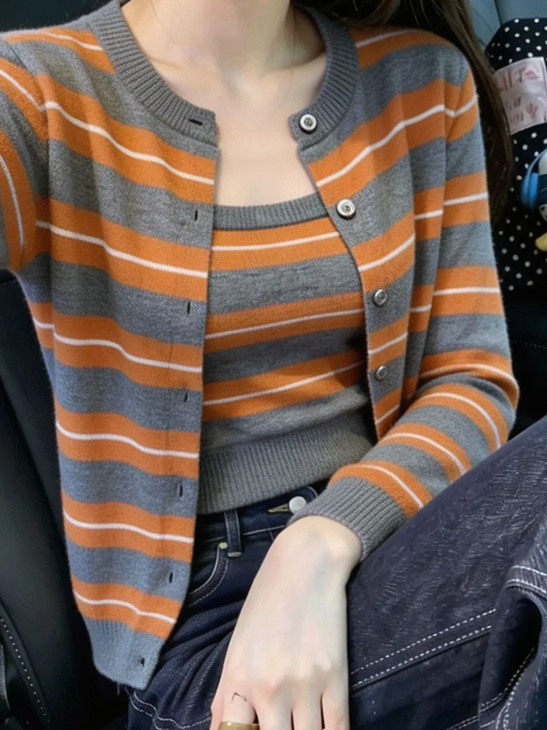 Retro Striped Color Block Women's Early Autumn Open Cardigan Sweater Tube Top Tank Top Two Piece Set Fashionable Layering