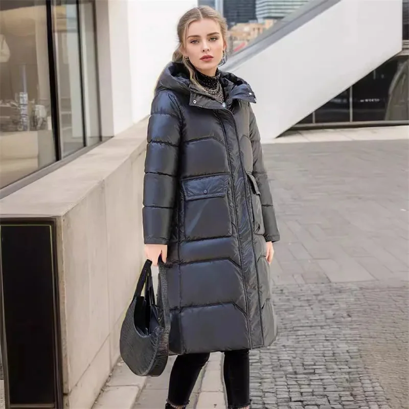 2024 New Thicken Snow Parkas Fashion Windproof Glossy Down Cotton Hooded Women Jacket Winter Loose Long Coat Ladies Outwear