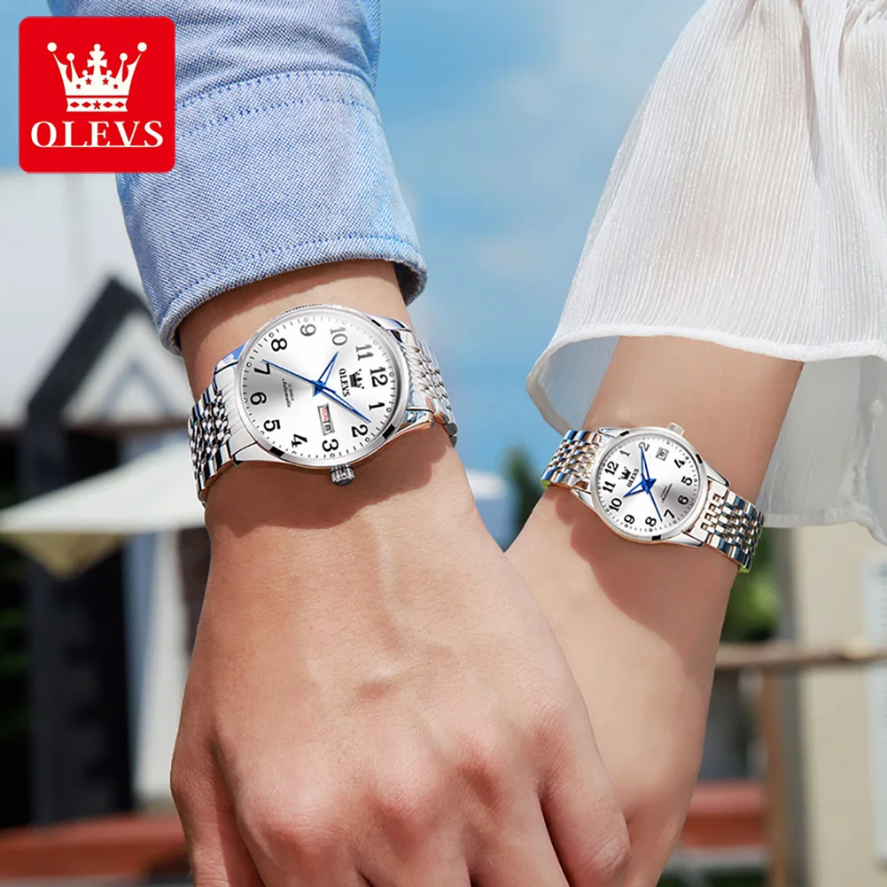 OLEVS Valentines Couple Pair mechanical watch auto watches for his her Casual watch for lovers Wedding Romantic gifts