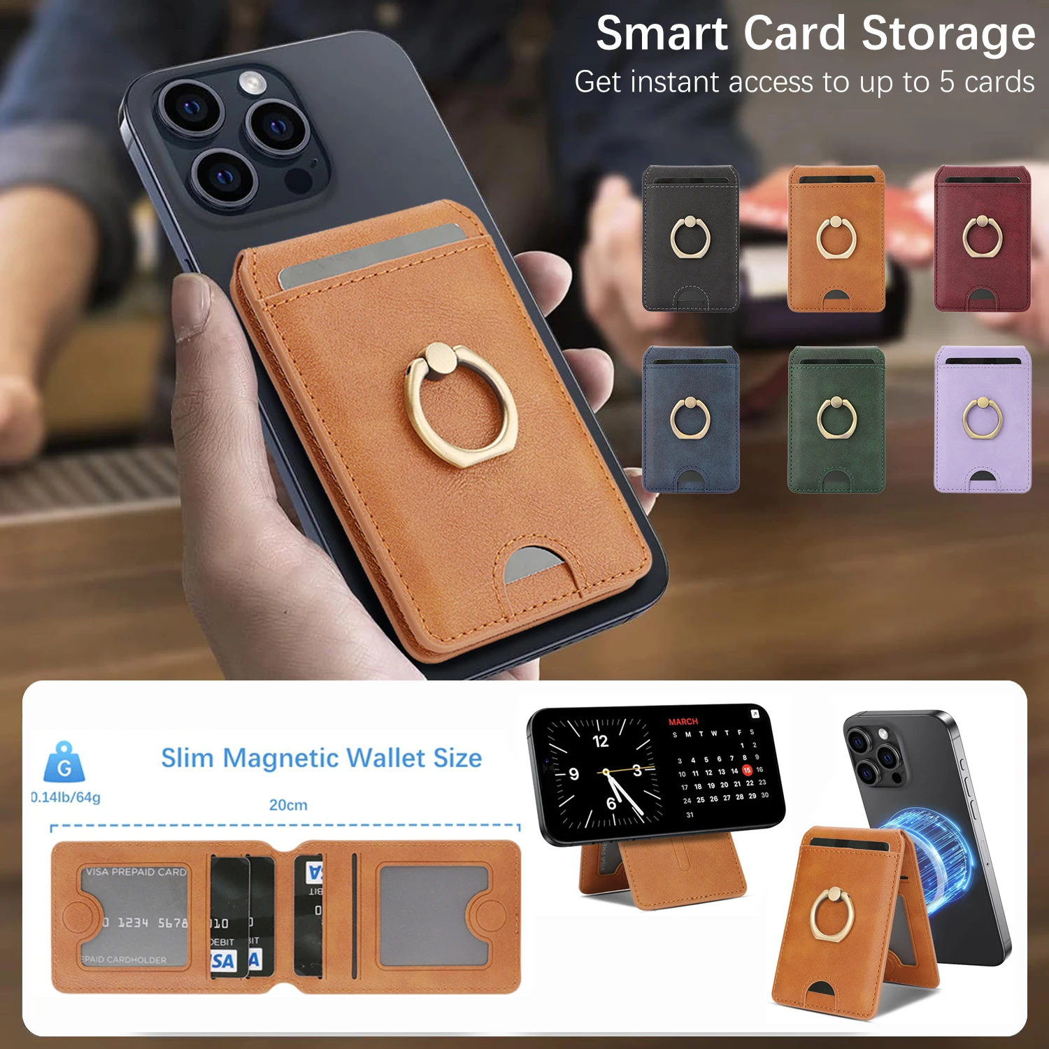 Magnetischer Ring-Leder-Kartenhalter, Schlitze für iPhone 16, 15, 14, 13, 12, Samsung Xiaomi Google Phone, Ständer, Karten, Tasche, Karten, Tasche