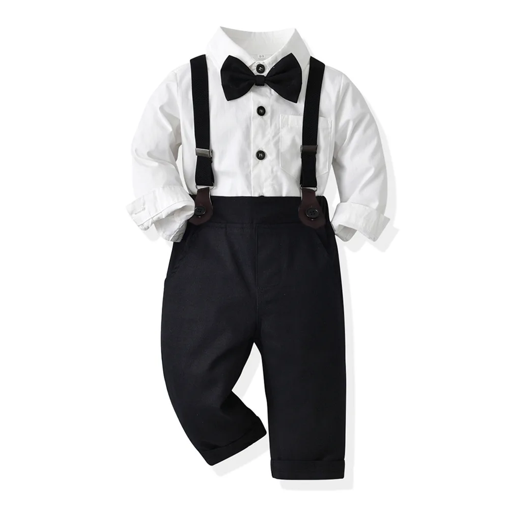 

Childrens Autumn Party Suit Long Sleeve Shirt with Bow Tie and Suspenders Pants Set for Boys 3M To 5Y