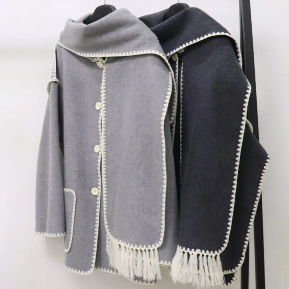 

Contrast color hand hook tassel edge scarf collar straight wool knitted jacket women coat