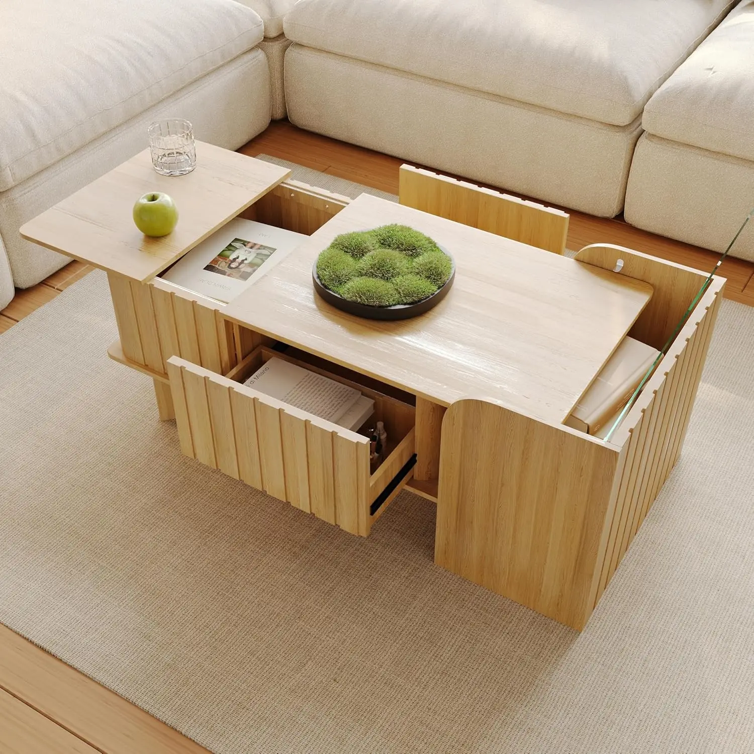 

Раскладной журнальный столик с приставным столиком, трансформируемый стол для гостиной с подъемной столешницей, 2 ящика и полка для хранения