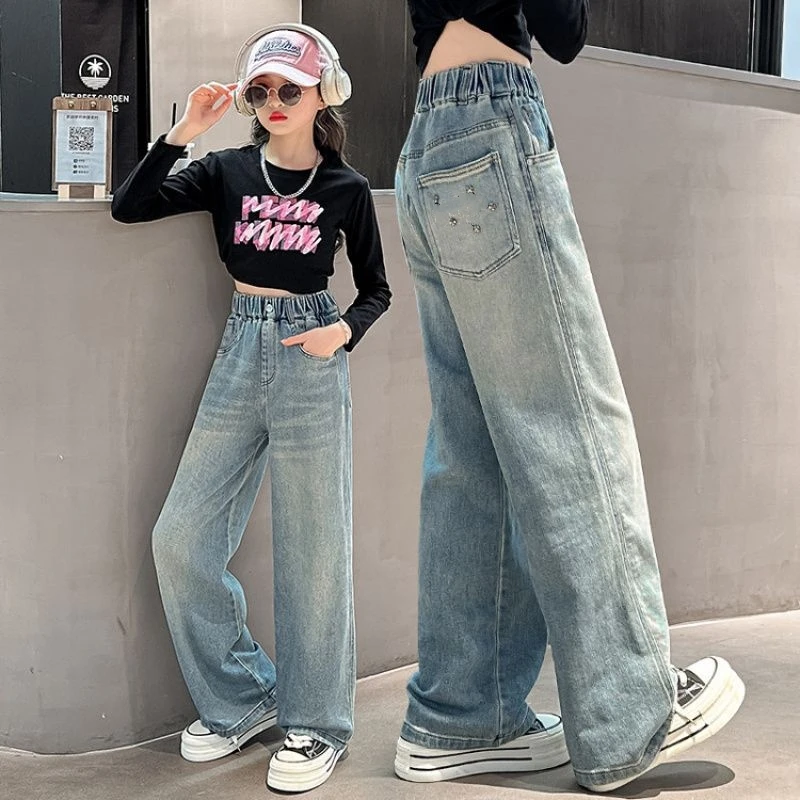 في سن المراهقة الفتيات الجينز الأطفال ربيع الخريف واسعة الساق الدنيم السراويل موضة جديدة للأطفال المطرزة الجيب الخلفي مستقيم بنطلون عادية