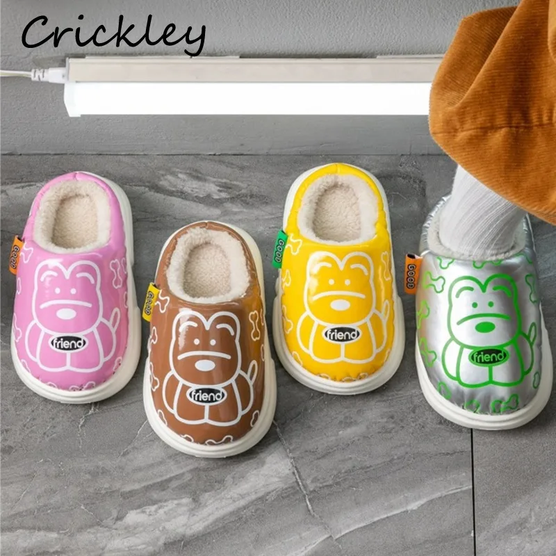 Cartoon Bear Children Winter Shoes Plush Warm Floor Slippers For Boys Girls Soft Sole Anti Slip PU Home Kids Slippers