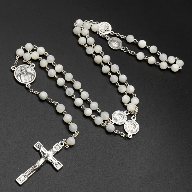 

Handcrafted Rosaries by Sisters with Mother-of-Pearl Beads 6mm Catholic Prayer Cross Pendant Necklace Religious Gifts