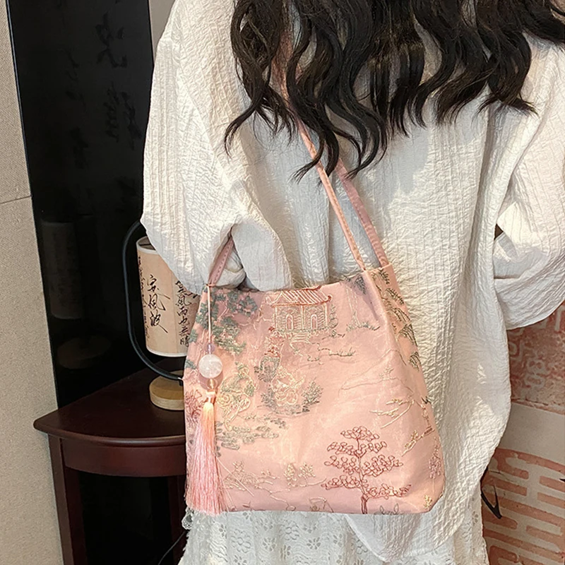 Estilo chinês retro saco de cetim seda bordado jacquard bolsas minimalista bolsa ombro feminino elegante antigo hanfu acessórios