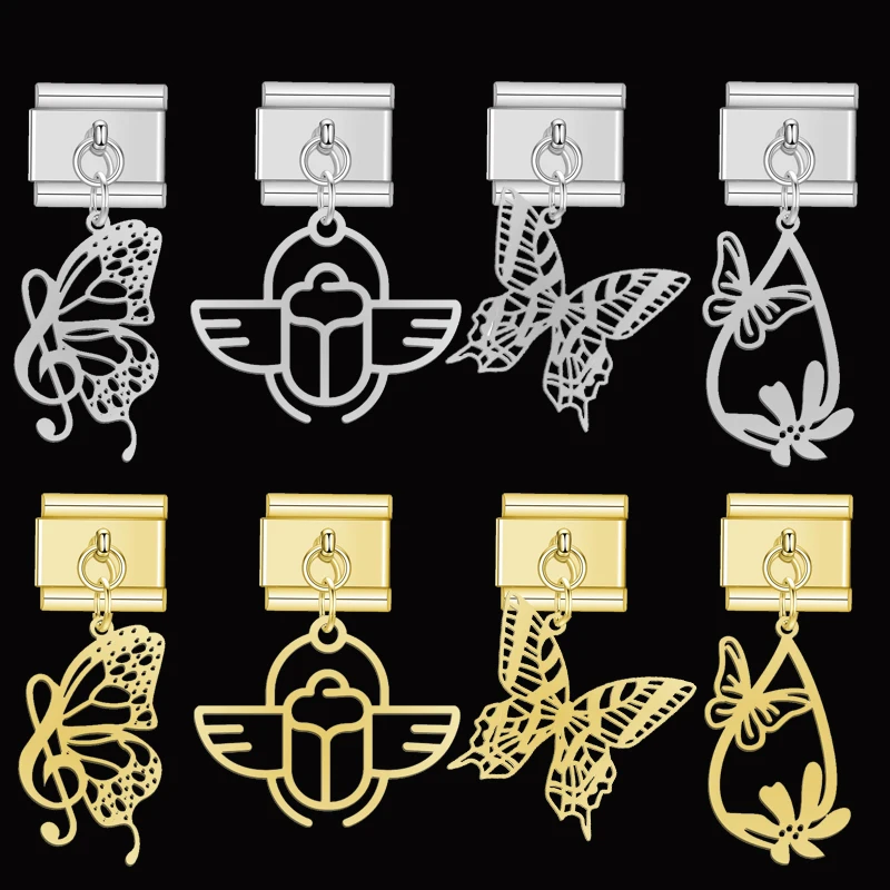 

New Insect Charm Butterfly Beetle Tassels Pendant Italian Charm Link Fit 9mm Stainless Steel Making DIY Bracelet Jewelry Supplie