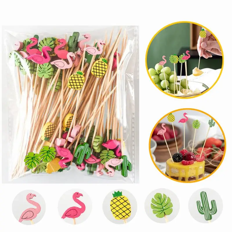 100 stücke Flamingo Zahnstocher Bambus Einweg Obst Gabel Sticks Kuchen Obst Lebensmittel Sommer Hawaiian Party Liefert Urlaub Dekorationen