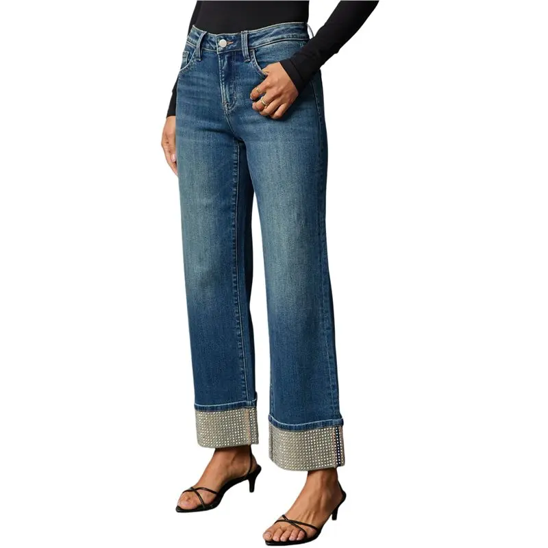 

Женские джинсы CYL с высокой талией, прямого кроя, с декором из страз, эластичные, модные, в стиле стритвир.