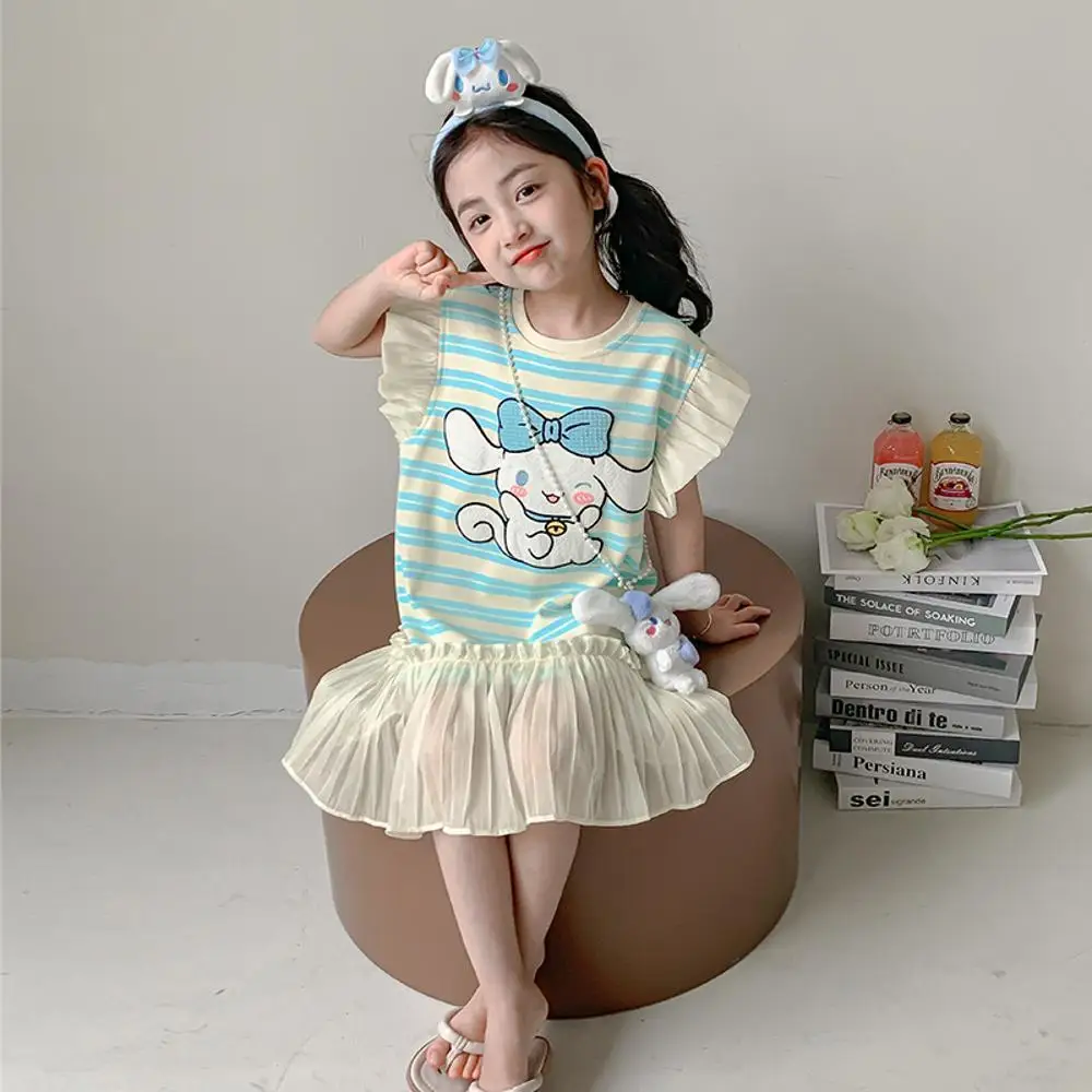 

Детское платье Hello Kitty Kuromi, милая полосатая юбка Sanrio для девочек, новая летняя футболка с короткими рукавами и маленькими рукавами-крылышками для малышей, весенняя коллекция