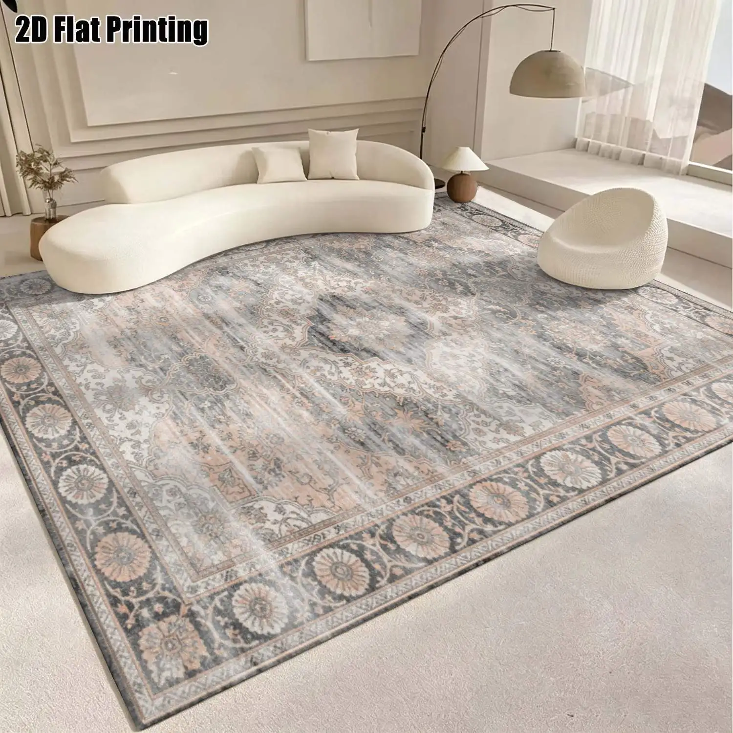 1Pc 2D Printed Gray-Blue Retro Scrolling Flower Carpet: European-Style, Home Decor, Multi-Size, Machine Washable, for Entrance/Dining/Foyer/Study/Living/Bedroom