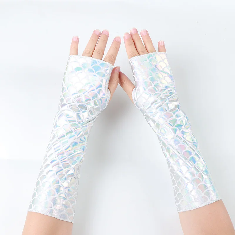 Fingerless Gloves Mermaid Scale Stretch Sun Protection Sleeves Halloween Costume Nylon Spandex Colorful Small Lightweight
