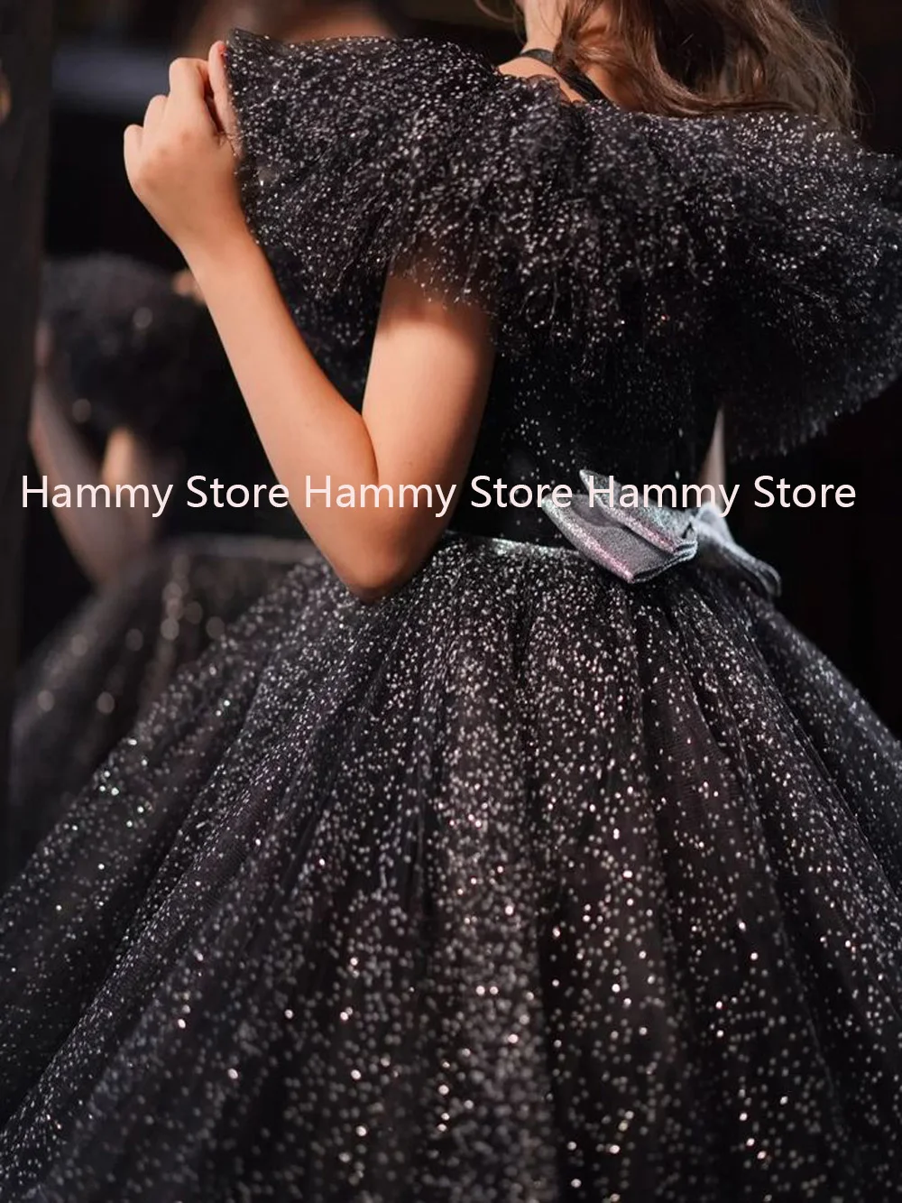 Cute Black Flower Girl Dress Off The Shoulder Tea Length Glitter Sequin First Communion Gown Sparkling Christmas Party Dresses