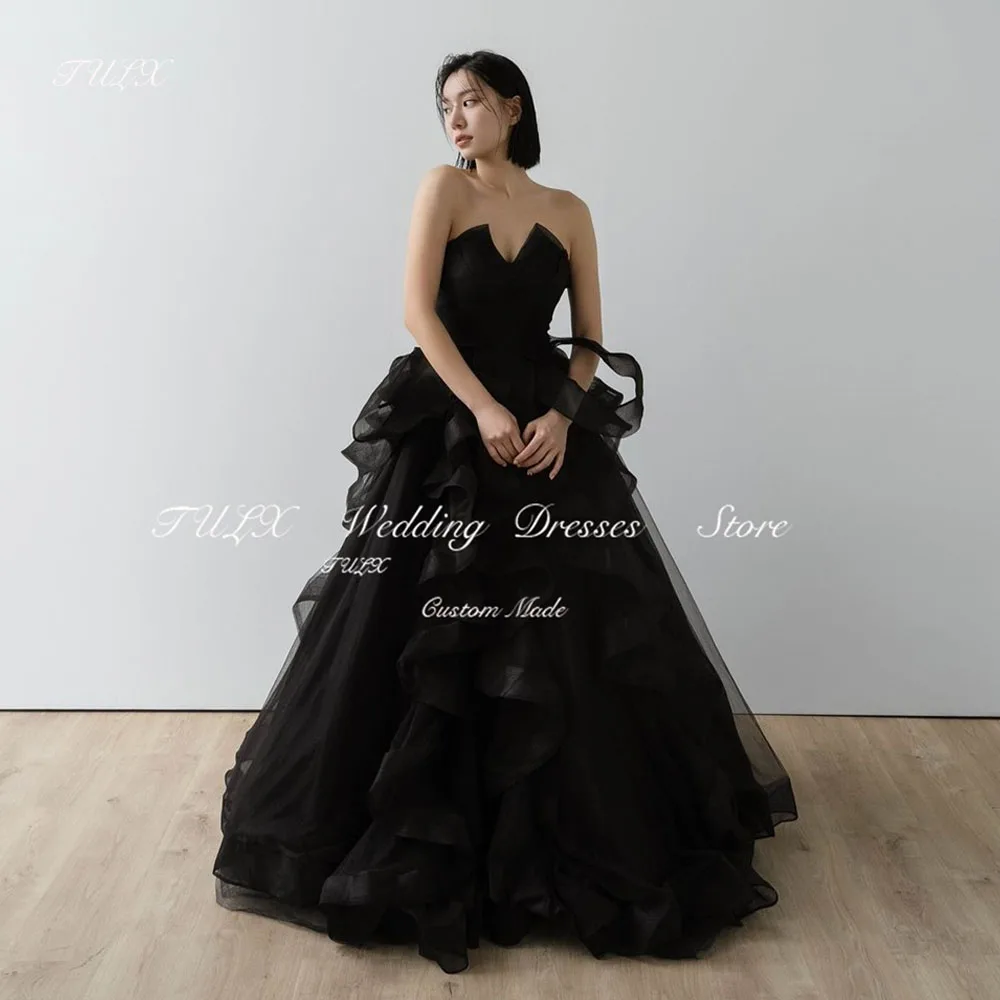 

TULX Luxury Strapless Sleeveless Evening Dress Korea Wedding Photo Shoot Dress Black Long Tiered Party Dress Corset Customized