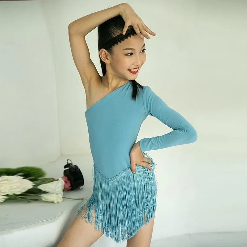 Kinderen Latin Dans Jurk voor Meisjes Blauw Lange mouwen Backless Turnpakje Kwasten Rok Pak Samba Training Optredens Kostuum