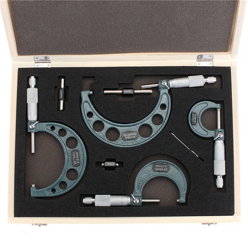 AEE6-4Pcs Outside Micrometer Set Machinist Tool 0-4Inch 0-100Mm 4 Precision 0.01Mm Accuracy Carbide Micrometer Set