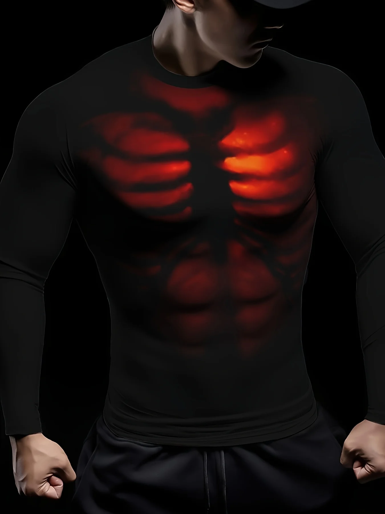 Gothic Style Tee With Muscle Skeleton Pattern Printed Long Sleeved T-shirt Men's Casual Street Wear Horror Punk Fitness Top