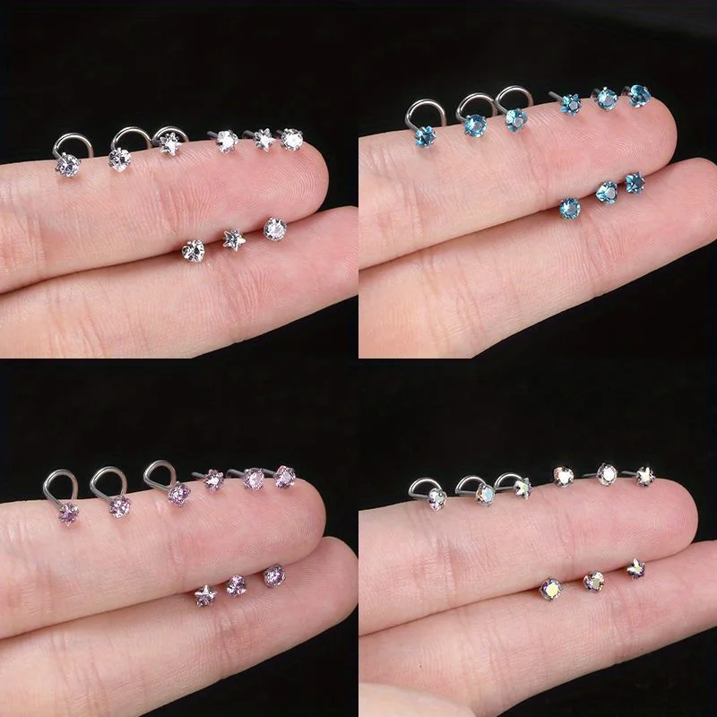 1Pcs Stainless Steel Nose Studs Round Heart Star Cubic Zirconia L Shape Nose Rings Nostril Piercing Jewelry For Woman