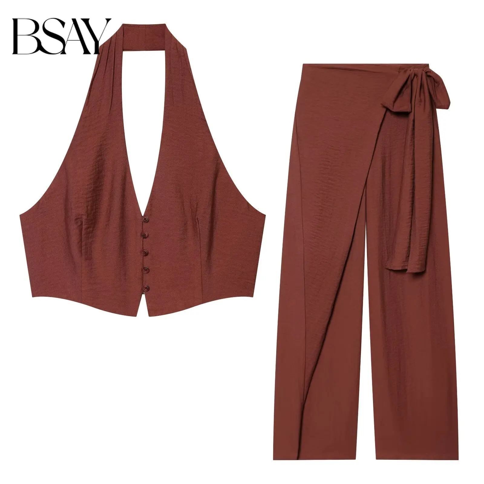 

BSAY 2026 Bohemia Halter V-Neck Crop Top Wrap Wide Leg Pants Set Summer Women's Backless 2-Piece Outfit with Bow Tie