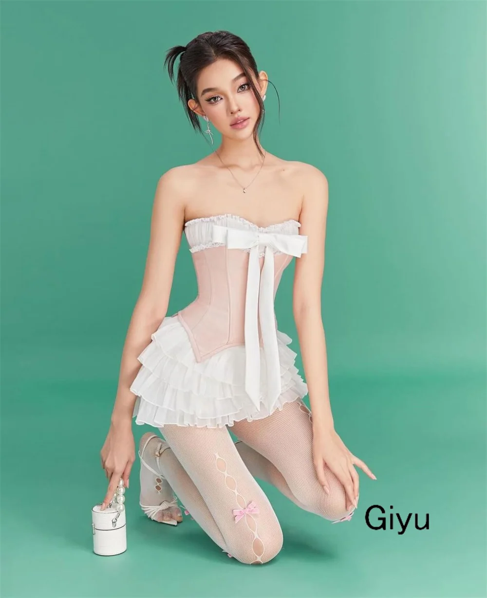 Giyu A-line Bow Prom Dress V-Neck Multi-layered Mini-length Above The Knee Birthday Party Dress Cocktail Dress Short Dress