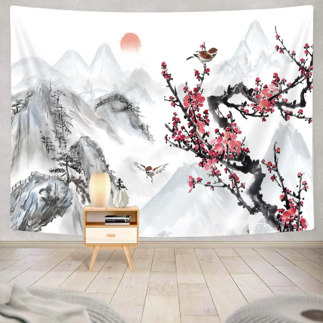 Asian Chinese Tapestry Cherry Blossom Tapestry Japanese Tapestry Nature Landscape Tapestries for Bedroom Living Room Home Decor