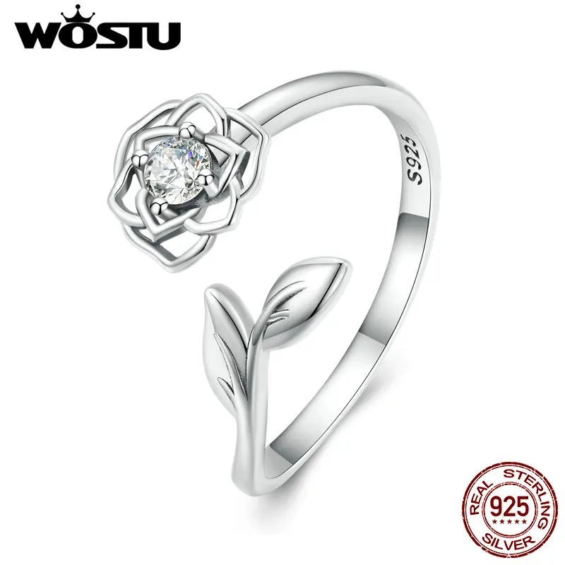 WOSTU 925 Sterling Silver Camellia Flower Open Rings For Women AAA Clear Zircon Adjustable Ring Wedding Engagement Jewelry Gift