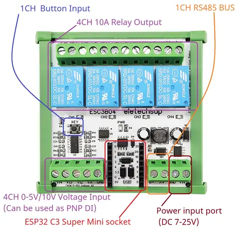 DC 7-24V ESP32 C3 Super Mini Expansion Board 4AI-4DO RS485 Relay Module for Arduino WEB MQTT Ethernet Network IOT