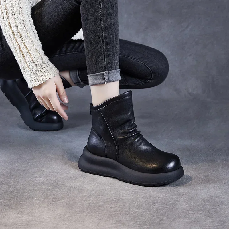 5CM Big Size 35-43 Fashion Women Boots 2024 New Autumn Winter Genuine Leather Thick Bottom Platform Wedges Heel Warm Ankle Boots