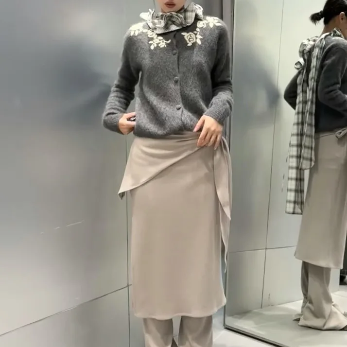 Grey Round Neck Knit Cardigan Women Vintage Embroidery Long Sleeve Wool Sweater Autumn Winter 2025 sweater y2k